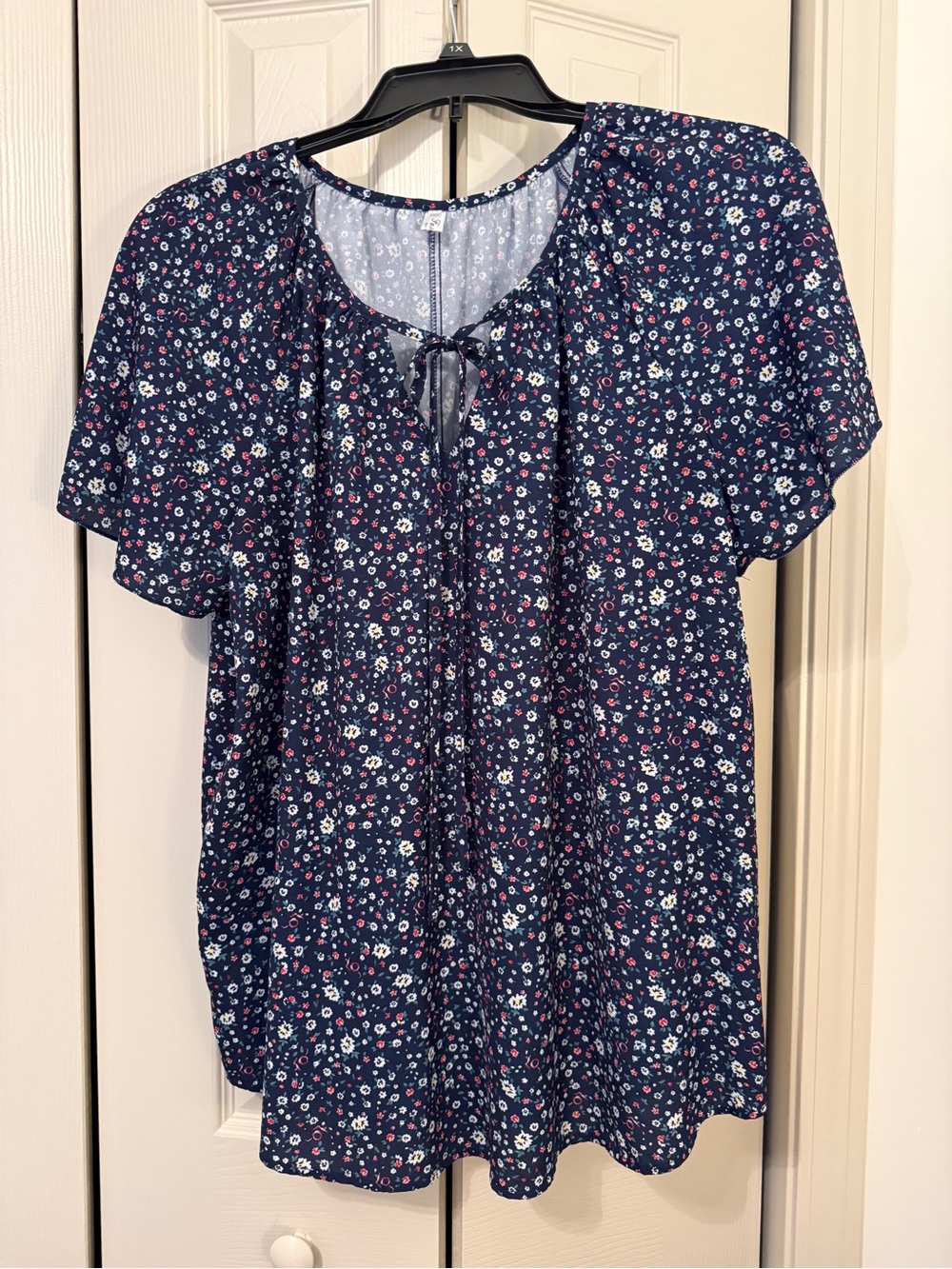 SHEIN Floral Tie-Neck Women's Blouse - Navy Blue w/Floral Print
